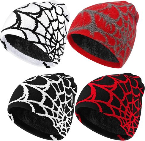 Jeyiour 4 Pcs Y2k Beanies Spider Web Pattern Beanie Gothic Acrylic Knitted Hat Casual Streetwear Outdoor for Men Women in Kuwait