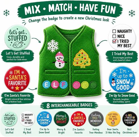 Christmas Holiday Elf Vest Accessory with 8 Replaceable Celebration Badges in Kuwait