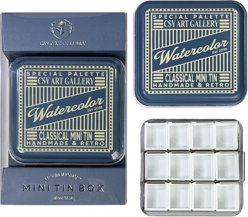 Travel Watercolor Palette with 12 Half Pans Vintage American Style Paint Tin Box with Mixing Tray Lid, for DIY Watercolor Oils or Acrylics Painting (05 Deep Blue) in Kuwait