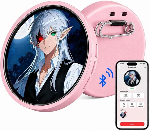 Digital Badge Pin, 1.85" Round Screen 360x360, Bluetooth Upload for Photos GIFs 5s Videos & Audio, Touchscreen Wearable Display with 7-Color Cheer Light, Rechargeable for Backpack Jacket Ita Bag Cosplay, iOS Android in Kuwait