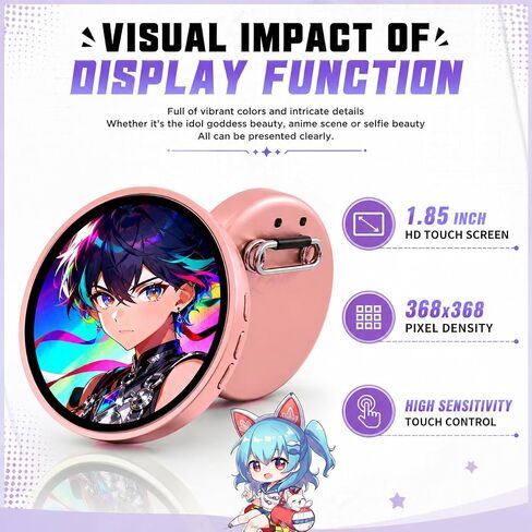 Digital Badge Pin, 1.85" Round Screen 360x360, Bluetooth Upload for Photos GIFs 5s Videos & Audio, Touchscreen Wearable Display with 7-Color Cheer Light, Rechargeable for Backpack Jacket Ita Bag Cosplay, iOS Android in Kuwait