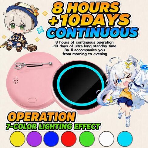 Digital Badge Pin, 1.85" Round Screen 360x360, Bluetooth Upload for Photos GIFs 5s Videos & Audio, Touchscreen Wearable Display with 7-Color Cheer Light, Rechargeable for Backpack Jacket Ita Bag Cosplay, iOS Android in Kuwait