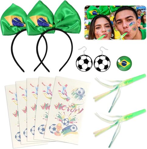 2026 Soccer Cup Couple Fan Kit, His & Hers Soccer Supporter Set with National Flag Pin Badge for Men, Football Earrings for Women, 2 Hair Bows, 5 Stickers, 2 Green Whistles in Saudi Arabia