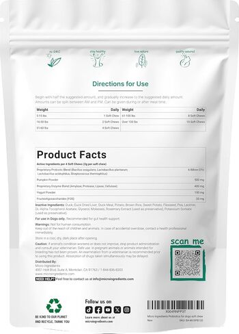 Micro Ingredients Probiotics for Dogs, 240 Soft Chews | Daily Digestive Health Probiotic Chews for Dogs with Prebiotics & Enzymes | Supports Gut Flora & Immune Function* | Non-GMO, Duck Flavor in Kuwait