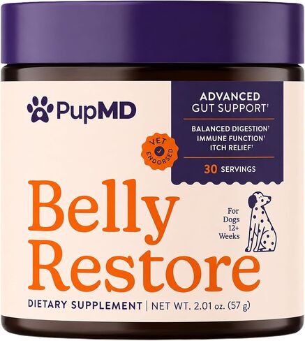 Belly Restore Vet-Formulated Dog Probiotics Powder - Premium Daily Gut Health Topper with Postbiotics - Supports Long-Term Digestion, Itchy Skin & Sensitive Stomachs - 1 Pack - 30 Servings in Kuwait