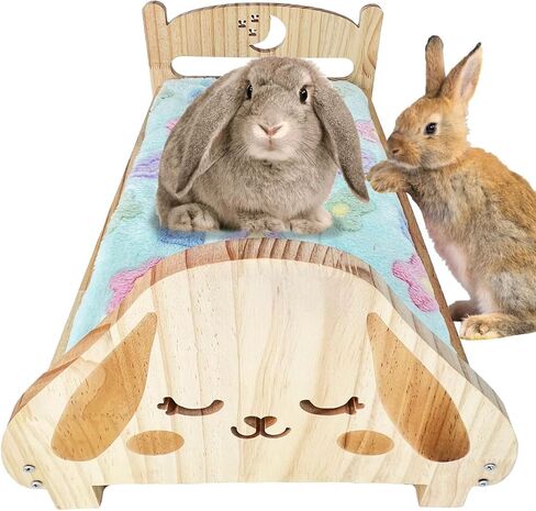 SoulThink® Floppy Ear Wooden Rabbit Bed - Easy to Assemble Rabbit Bed with Removable & Washable Fleece Mat, Small Animal Bed Suitable for Bunny, Guinea Pig, Chinchilla, Ferrets, Rats in Kuwait