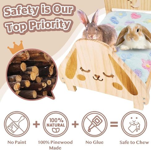 SoulThink® Floppy Ear Wooden Rabbit Bed - Easy to Assemble Rabbit Bed with Removable & Washable Fleece Mat, Small Animal Bed Suitable for Bunny, Guinea Pig, Chinchilla, Ferrets, Rats in Kuwait