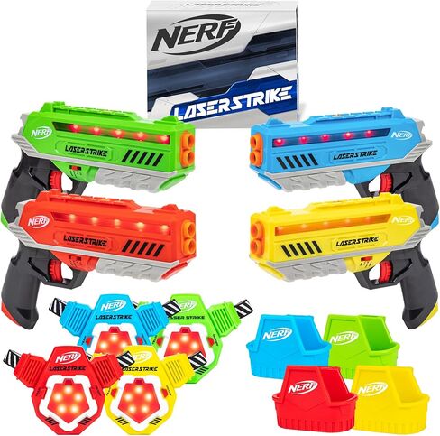 NERF Laser Strike 4 Player Laser Tag Game Pack Complete with 4 300ft Range Blasters, 4 Target Vests & 4 Holsters - Indoor or Outdoor Play Arcade Games, Toys for Kids & Family in Kuwait