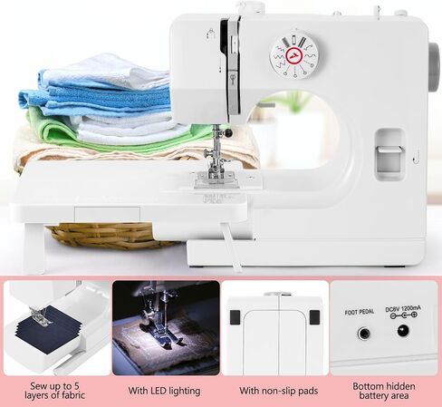 Sewing Machine with Extension Table, Mini Sewing Machines, Electric Portable Sewing Machines for Beginners, 12 Stitch Dual Speed with Foot Pedal & Sewing Kit, Ideal for Clothes, Pillowcases, Sheets in Kuwait