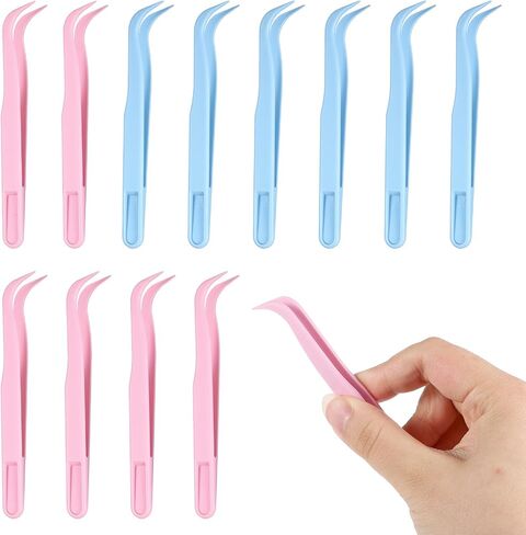 Fyntave 12 Pack Plastic Tweezers, 4.5 Inch Bent Tweezers Sticker Craft Tweezer for Stickers Crafting, Tweezer for DIY Jewelry Making Baking Decoration Reptile Feeding Blue Pink in Kuwait