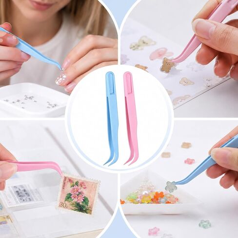 Fyntave 12 Pack Plastic Tweezers, 4.5 Inch Bent Tweezers Sticker Craft Tweezer for Stickers Crafting, Tweezer for DIY Jewelry Making Baking Decoration Reptile Feeding Blue Pink in Kuwait