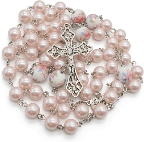 Nazareth Store Pink Pearl Beads Rosary White Flowers Beaded Necklace Lourdes Medal & Cross Crucifix in Kuwait