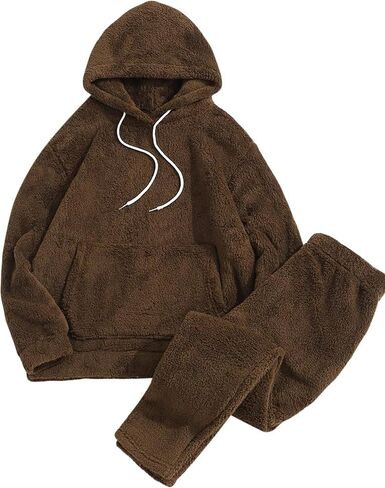 ZAFUL Women's Fuzzy Fleece Pajamas Sets Loungewear Long Sleeve pocket Casual Hoodies and Pants Set 2 Piece Fluffy Sleepwear in Kuwait