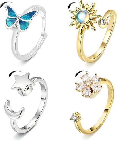 4Pcs Fidget Anxiety Rings for Women, Golden and Silver Adjustable Open Spinner Rings for Anxiety, Stress Relief Rotating Rings with Butterfly Sun Star Flower Designs, Fidget Jewelry for Women in Kuwait