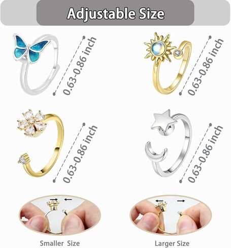 4Pcs Fidget Anxiety Rings for Women, Golden and Silver Adjustable Open Spinner Rings for Anxiety, Stress Relief Rotating Rings with Butterfly Sun Star Flower Designs, Fidget Jewelry for Women in Kuwait