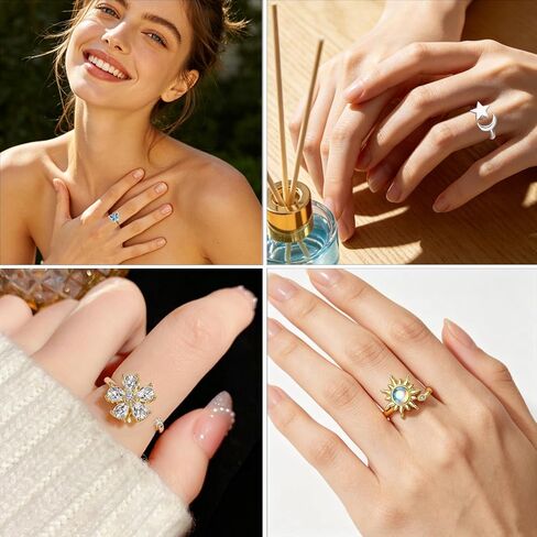 4Pcs Fidget Anxiety Rings for Women, Golden and Silver Adjustable Open Spinner Rings for Anxiety, Stress Relief Rotating Rings with Butterfly Sun Star Flower Designs, Fidget Jewelry for Women in Kuwait