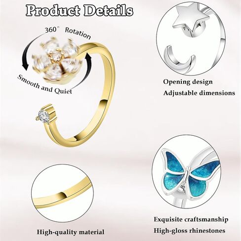 4Pcs Fidget Anxiety Rings for Women, Golden and Silver Adjustable Open Spinner Rings for Anxiety, Stress Relief Rotating Rings with Butterfly Sun Star Flower Designs, Fidget Jewelry for Women in Kuwait