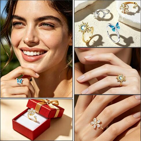 4Pcs Fidget Anxiety Rings for Women, Golden and Silver Adjustable Open Spinner Rings for Anxiety, Stress Relief Rotating Rings with Butterfly Sun Star Flower Designs, Fidget Jewelry for Women in Kuwait