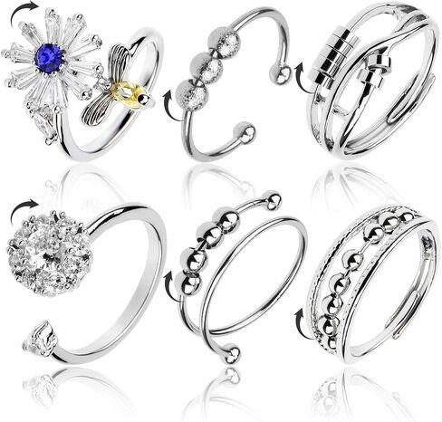 5 Pcs Adjustable Fidget Rings for Women With Beads,Silver Stainless Steel Ring Anti Anxiety Ring Spinning,Anti-worry Bead Rings Spinner Ring,Fidget Ring for Women Stress Relief in Kuwait