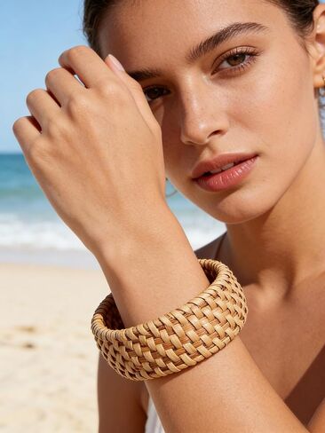 HEIDKRUEGER Rattan Bracelet For Women Girls Handmade Lightweight Straw Wicker Braid Woven Bangle Bracelet Summer Statement Chunky Bracelet (Fine B) in Kuwait
