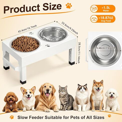 Elevated Dog Bowls Stand Large Breed, Height Adjustable Raised Dog Bowls Holder with 2 Stainless Steel Food Bowls for Small, Medium and Large Canine，White in Kuwait