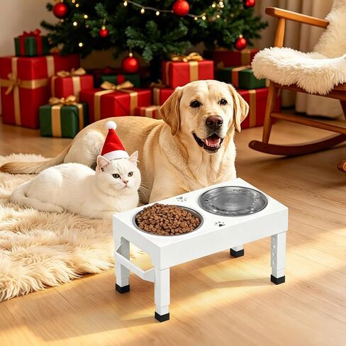 Elevated Dog Bowls Stand Large Breed, Height Adjustable Raised Dog Bowls Holder with 2 Stainless Steel Food Bowls for Small, Medium and Large Canine，White in Kuwait
