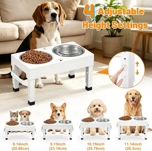 Elevated Dog Bowls Stand Large Breed, Height Adjustable Raised Dog Bowls Holder with 2 Stainless Steel Food Bowls for Small, Medium and Large Canine，White in Kuwait