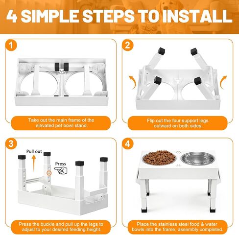 Elevated Dog Bowls Stand Large Breed, Height Adjustable Raised Dog Bowls Holder with 2 Stainless Steel Food Bowls for Small, Medium and Large Canine，White in Kuwait