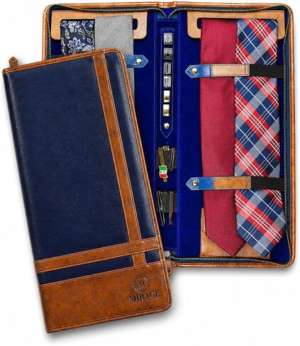 Tie Case Organizer for Travel - Bonus slots for Cufflinks, Collar Stays, and pocket for Formal/Dress Accessories - Royal Blue Case in Kuwait
