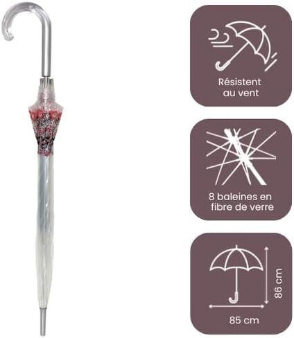 SMATI Paris - Lady’s Clear Birdcage Umbrella with white border – Transparent; Windproof; Auto open; Crystal style handle; French design; Dome shape umbrella in Kuwait