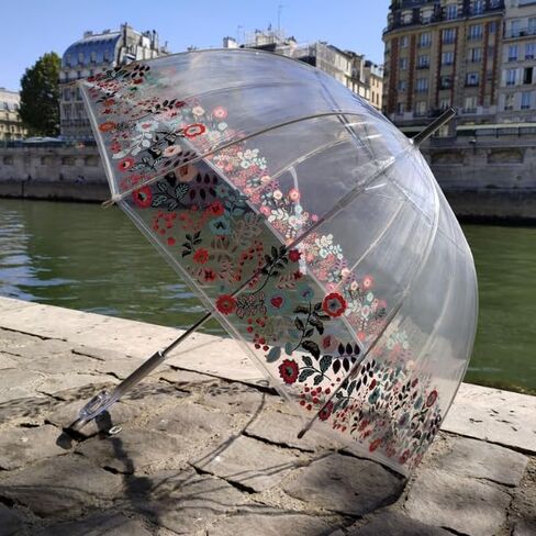 SMATI Paris - Lady’s Clear Birdcage Umbrella with white border – Transparent; Windproof; Auto open; Crystal style handle; French design; Dome shape umbrella in Kuwait