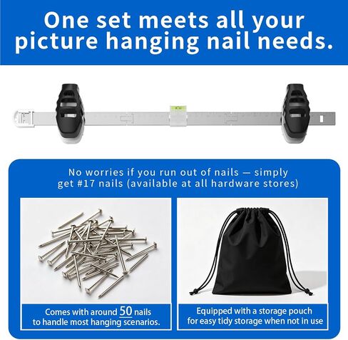 3-in-1 Picture Hanging Tool, All-in-One Art Hanging Kit with Leveling, Position Marking & Effortless Push Nail Design, Double Nails for 25 Inch Frames, Wall Hanging Solution for Home Decor in Kuwait