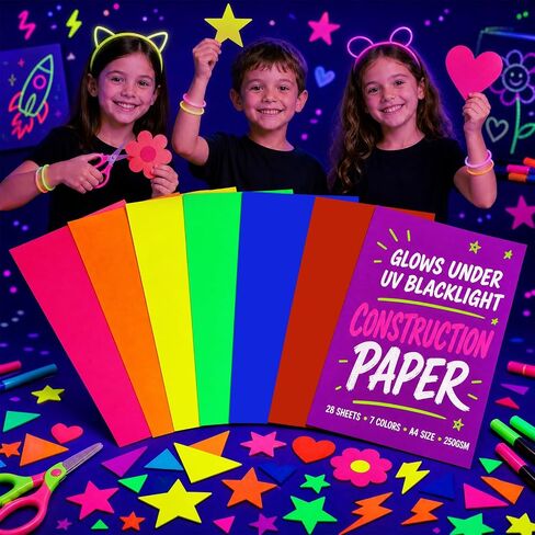 Mega-L Glow in The Dark Party Supplies, 28 Pcs Neon Paper Cardstock, 250GSM in Saudi Arabia
