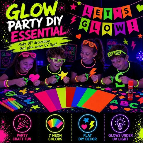 Mega-L Glow in The Dark Party Supplies, 28 Pcs Neon Paper Cardstock, 250GSM in Saudi Arabia