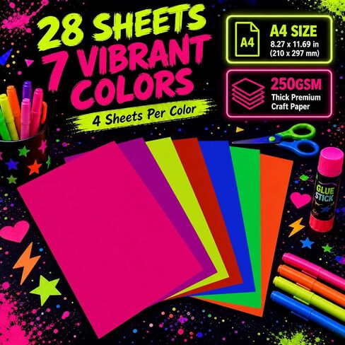 Mega-L Glow in The Dark Party Supplies, 28 Pcs Neon Paper Cardstock, 250GSM in Saudi Arabia