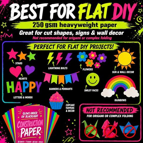 Mega-L Glow in The Dark Party Supplies, 28 Pcs Neon Paper Cardstock, 250GSM in Saudi Arabia