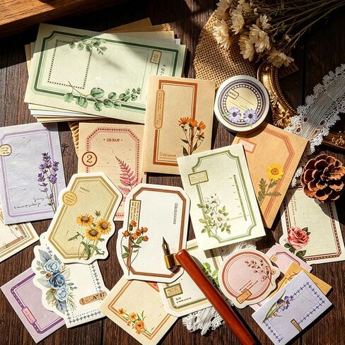 100Pcs Vintage Floral Frame Decorative Paper Sheets, Retro Label Style Craft Paper for Journal Scrapbooking DIY Background Decoration in Kuwait