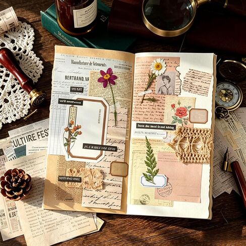 100Pcs Vintage Floral Frame Decorative Paper Sheets, Retro Label Style Craft Paper for Journal Scrapbooking DIY Background Decoration in Kuwait