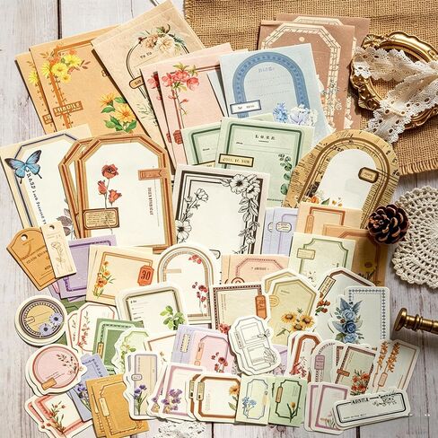 100Pcs Vintage Floral Frame Decorative Paper Sheets, Retro Label Style Craft Paper for Journal Scrapbooking DIY Background Decoration in Kuwait