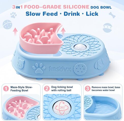 Dog Lick Bowl with Interactive Rolling Ball, Silicone Slow Feeder Bowl and Lick Mat for Liquid and Thick-Textured Treats, 5/6-Cup Non-Slip Licking Toy for Large, Medium and Small Dogs and Cats in Kuwait