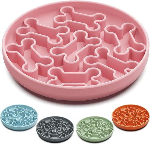 Silicone Slow Feeder Dog Bowl – Pink Bone Pattern | Food-Grade Non-Slip Dog Dish for Anti-Bloat, Fast Eating Prevention, 7.5" x 1.5", Dishwasher Safe in Saudi Arabia