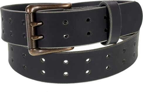 Men’s Classic Leather Belt, Double Prong Retro Style, Antique Brass Buckle, 1 ½" Width, Amish handmade in the USA in Kuwait