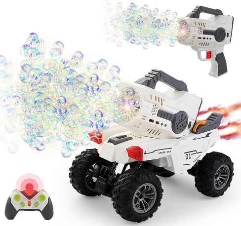 RC Bubble Car with Detachable Blaster, 2.4GHz Remote Control Car and Automatic Bubble Machine Toy, All Terrain Rechargeable Monster Truck with LED Lights, Outdoor Gift for Boys Girls Ages 6-12 in Kuwait
