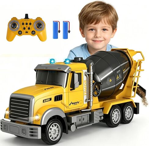 RC Cement Mixer Toy Truck for Kids - 1:12 Electric 360 Degree Stirring Vehicle with Lights, Sounds, Music & Auto Demo, Remote Control Construction Toys with 2 Batteries, Christmas Birthday Gifts in Kuwait