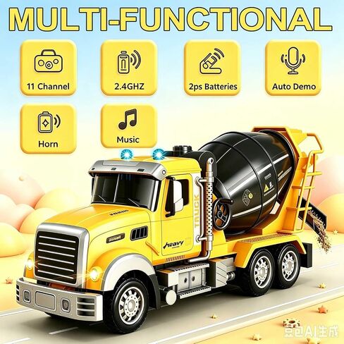 RC Cement Mixer Toy Truck for Kids - 1:12 Electric 360 Degree Stirring Vehicle with Lights, Sounds, Music & Auto Demo, Remote Control Construction Toys with 2 Batteries, Christmas Birthday Gifts in Kuwait