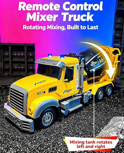 RC Cement Mixer Toy Truck for Kids - 1:12 Electric 360 Degree Stirring Vehicle with Lights, Sounds, Music & Auto Demo, Remote Control Construction Toys with 2 Batteries, Christmas Birthday Gifts in Kuwait