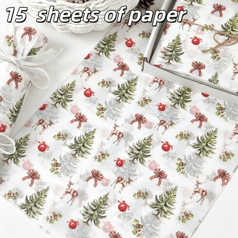 15 Sheets Christmas Tissue Wrapping Paper, Vintage Pine Tree Reindeer Print Gift Tissue Paper 19.68×13.78 Inch, for Xmas Gift Wrapping, Bouquet Packaging, Gift Bag Filler, Holiday Birthday Decorations in Kuwait