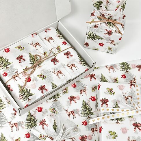 15 Sheets Christmas Tissue Wrapping Paper, Vintage Pine Tree Reindeer Print Gift Tissue Paper 19.68×13.78 Inch, for Xmas Gift Wrapping, Bouquet Packaging, Gift Bag Filler, Holiday Birthday Decorations in Kuwait