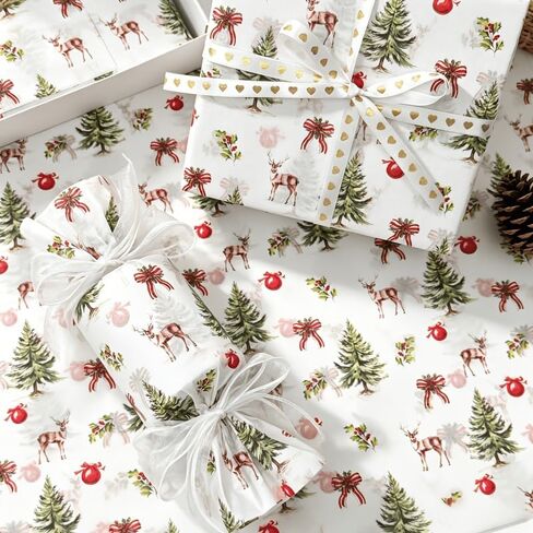 15 Sheets Christmas Tissue Wrapping Paper, Vintage Pine Tree Reindeer Print Gift Tissue Paper 19.68×13.78 Inch, for Xmas Gift Wrapping, Bouquet Packaging, Gift Bag Filler, Holiday Birthday Decorations in Kuwait