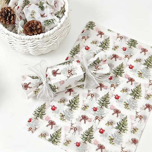 15 Sheets Christmas Tissue Wrapping Paper, Vintage Pine Tree Reindeer Print Gift Tissue Paper 19.68×13.78 Inch, for Xmas Gift Wrapping, Bouquet Packaging, Gift Bag Filler, Holiday Birthday Decorations in Kuwait